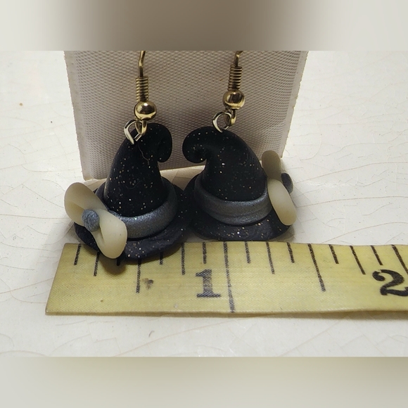 Whimsical sparkly black blue white bow witch dangle earrings - Picture 4 of 6